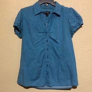 In Vein Top Blouse XL Blue White Stripes Short Sleeve Front Buttons